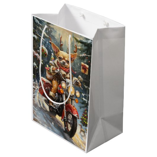 Chihuahua Hond Rijden Motorfiets Kerstmis Medium Cadeauzakje (Achterkant Gekanteld)