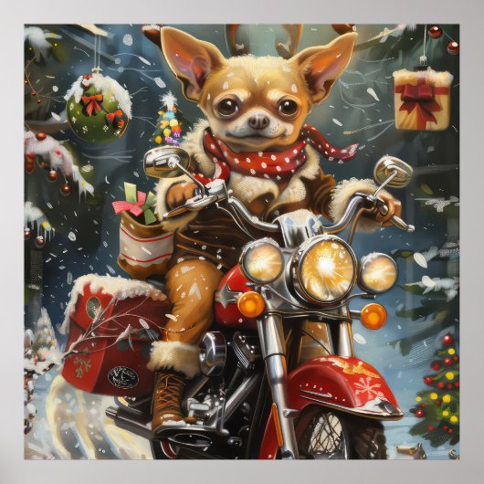 Chihuahua Hond Rijden Motorfiets Kerstmis Poster (Voorkant)