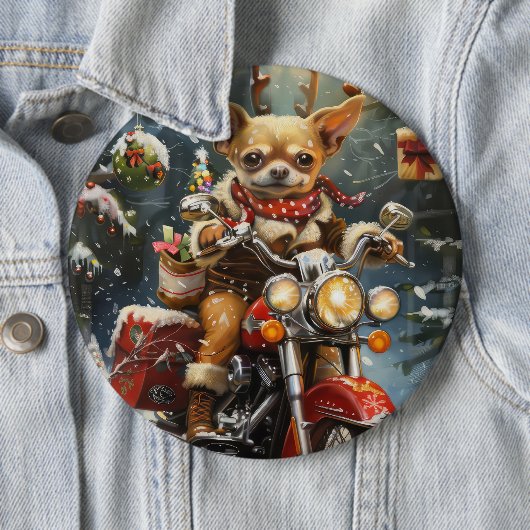 Chihuahua Hond Rijden Motorfiets Kerstmis Ronde Button 6,0 Cm (In situ)