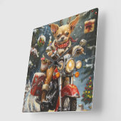 Chihuahua Hond Rijden Motorfiets Kerstmis Vierkante Klok (Hoek)