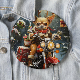 Chihuahua-hond rijdt op motorfiets met Kerstmis  Ronde Button 6,0 Cm