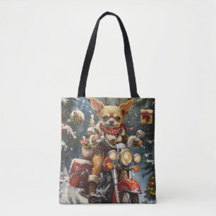 Chihuahua-hond rijdt op motorfiets met Kerstmis Tote Bag