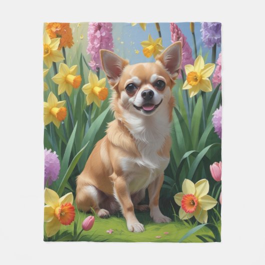 Chihuahua Hond Spring Bloemen Schilderen Fleece Deken (Voorkant)