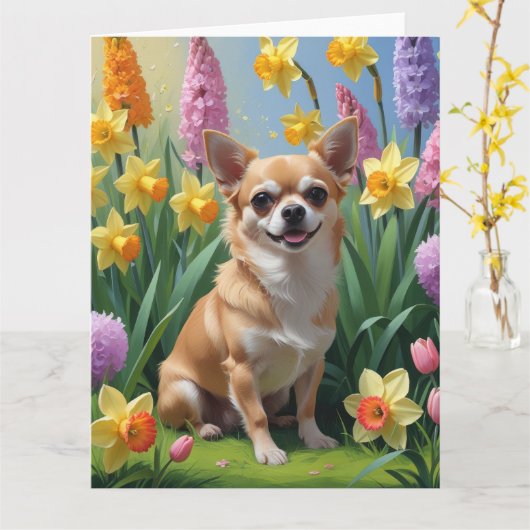 Chihuahua Hond Spring Bloemen Schilderen Kaart (Gele Bloem)