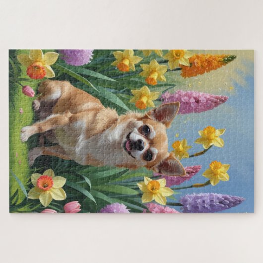 Chihuahua Hond Spring Bloemen Schilderen Legpuzzel (Horizontaal)