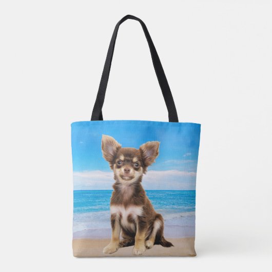 Chihuahua Hond Zittend op Tropisch Strand Tote Bag (Achterkant)