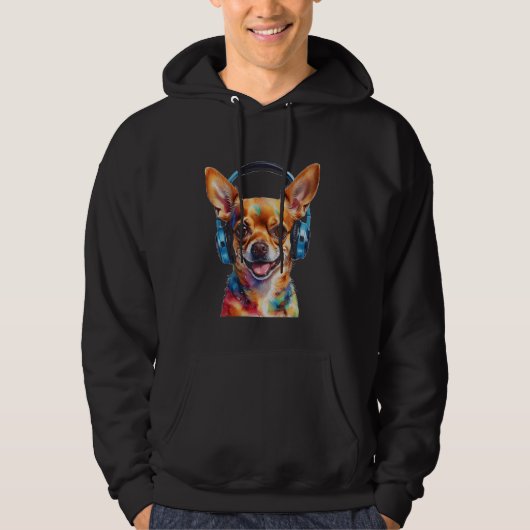 Chihuahua Hoofdtelefoon Hond Grappig Dier Art Prin Hoodie (Voorkant)