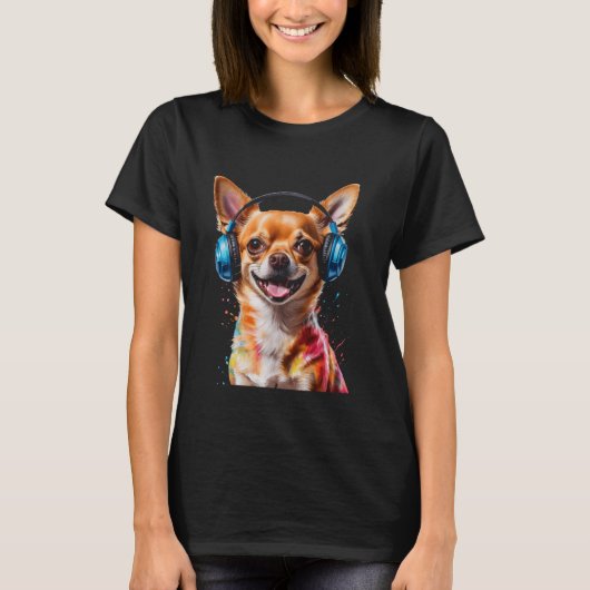 Chihuahua Hoofdtelefoon Hond Grappig Dier Art Prin T-shirt (Voorkant)
