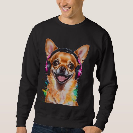 Chihuahua Hoofdtelefoon Hond Grappig Dier Art Prin Trui (Voorkant)