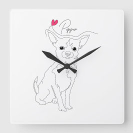 Chihuahua Huisdier Lijnkunst met Naam Vierkante Klok