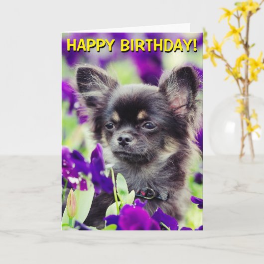 Chihuahua in bloemen verjaardagskaart kaart (Gele Bloem)