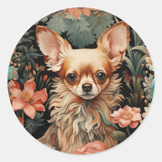 Chihuahua in de stijl van William Morris Ronde Sticker (Voorkant)