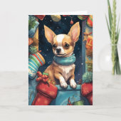 Chihuahua in een feestelijke kerstkous kaart (Voorkant)