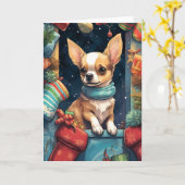 Chihuahua in een feestelijke kerstkous kaart (Gele Bloem)
