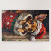 Chihuahua in kerst sok muts legpuzzel (Horizontaal)