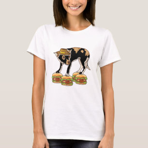 Chihuahua in Pet, balans tussen hamburgers en mens T-shirt