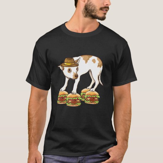 Chihuahua in Pet, balans tussen hamburgers en mens T-shirt (Voorkant)