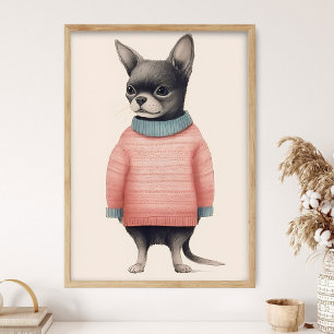 Chihuahua in roze trui, grappige hond decor, knus poster