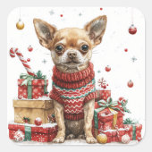 Chihuahua in trui met geschenkdozen vierkante sticker (Voorkant)
