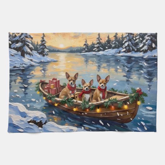 Chihuahua Kerstboot Vakantie Theedoek (Horizontaal)