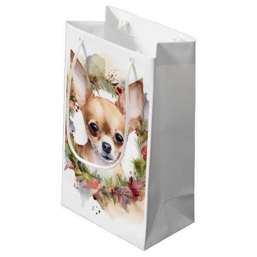 Chihuahua Kerstkrans Feestelijke Pup Klein Cadeauzakje (Achterkant Gekanteld)