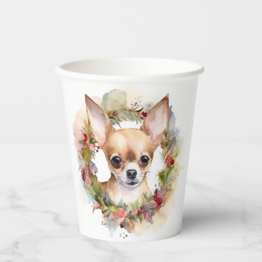 Chihuahua Kerstkrans Feestelijke Pup Papieren Bekers (Voorkant)