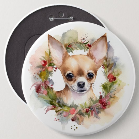 Chihuahua Kerstkrans Feestelijke Pup Ronde Button 6,0 Cm (Voorkant /achterkant)