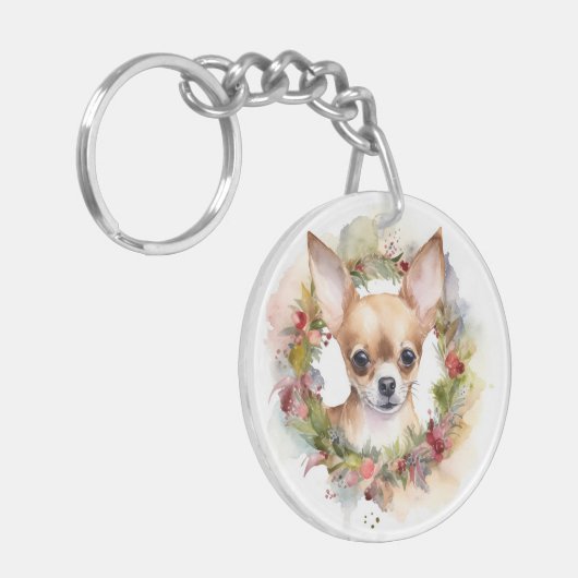 Chihuahua Kerstkrans Feestelijke Pup Sleutelhanger (Voorkant Links)