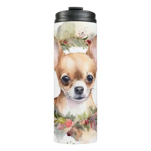 Chihuahua Kerstkrans Feestelijke Pup Thermosbeker (Voorkant)