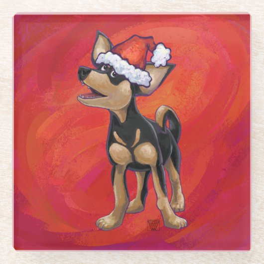 Chihuahua Kerstmis op rood Glazen Onderzetter (Voorkant)