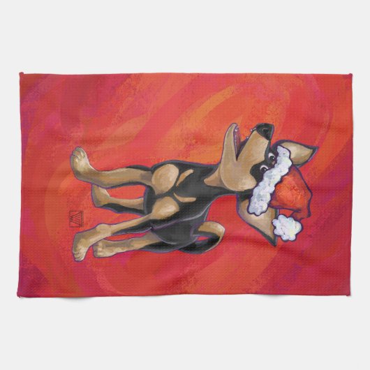 Chihuahua Kerstmis op rood Theedoek (Horizontaal)