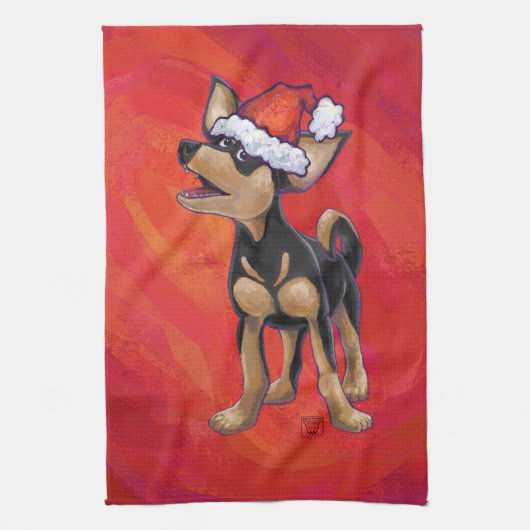 Chihuahua Kerstmis op rood Theedoek (Verticaal)