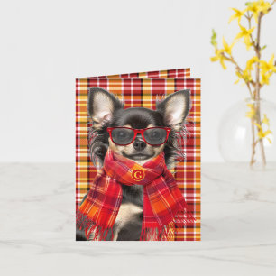 Chihuahua Lang Haar Rood Goud Geruit Monogram Kaart