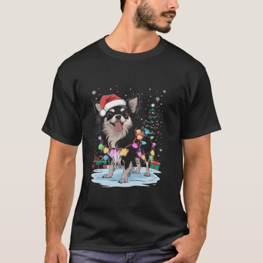 Chihuahua langharige hond kerstlicht kerstman papa t-shirt (Voorkant)