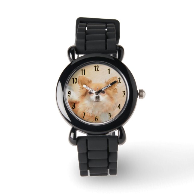 Chihuahua langharige hond schilderij originele kun horloge (Voorkant)