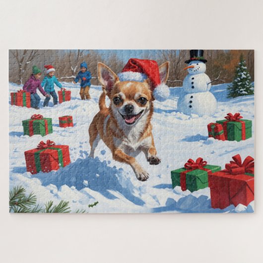 Chihuahua loopt in de sneeuw met kerstmuts legpuzzel (Horizontaal)