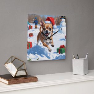 Chihuahua loopt in de sneeuw met kerstmuts vierkante klok