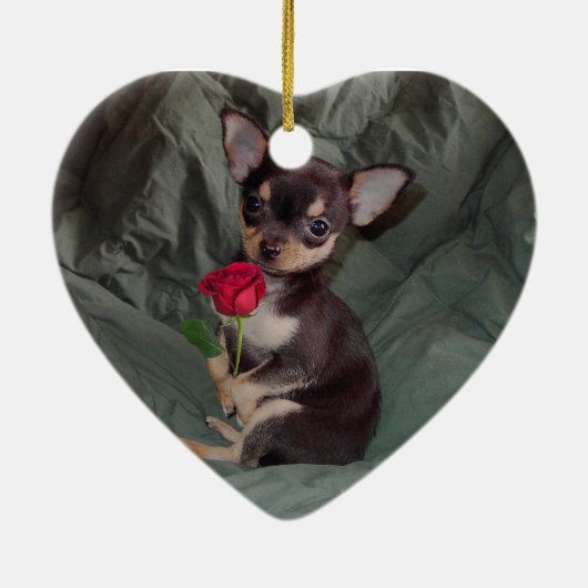 Chihuahua MerryRose die een Roos-sieraar houdt Keramisch Ornament (Achterkant)