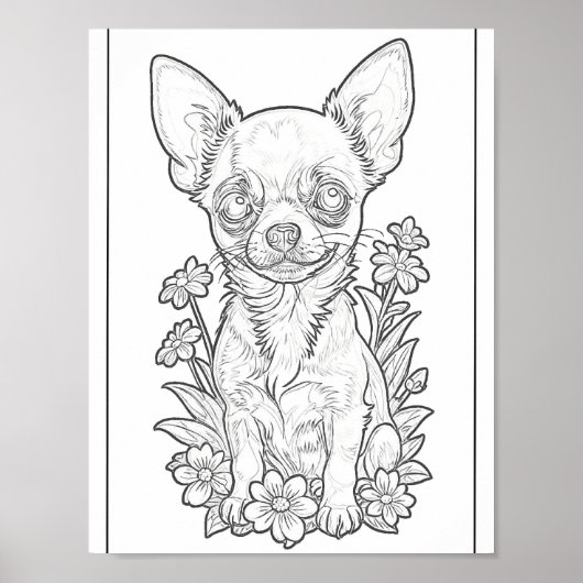 Chihuahua met bloemen kleurplaat Poster (Voorkant)