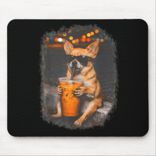Chihuahua met bril die ijskoude koffie drinkt hond muismat