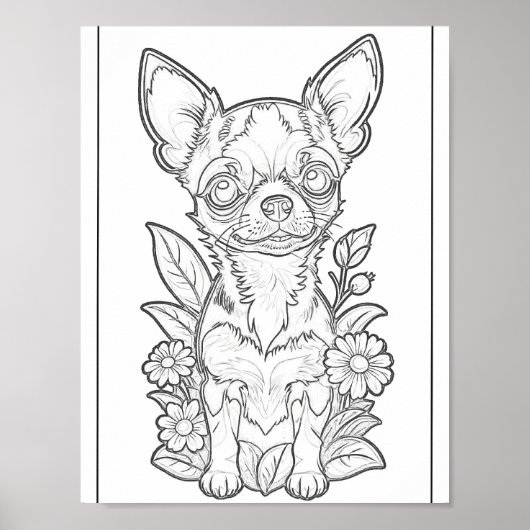 Chihuahua met Daisy Flowers Kleurplaat Poster (Voorkant)