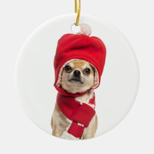 Chihuahua met kerstcadeau en Pet Keramisch Ornament (Voorkant)