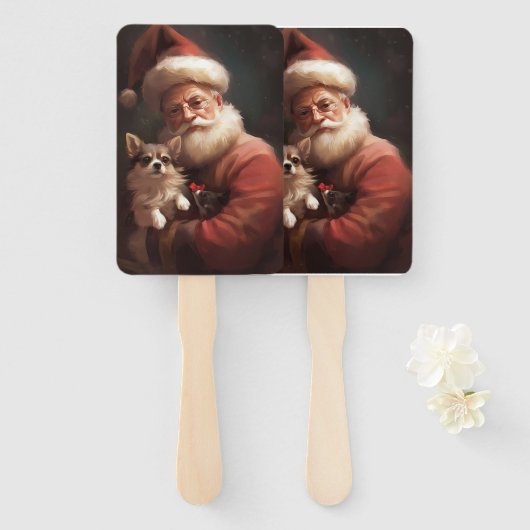 Chihuahua met Kerstman feestelijke Kerstmis Handwaaier (Voorkant en achterkant)