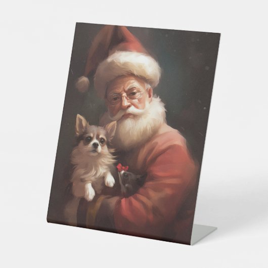 Chihuahua met Kerstman feestelijke Kerstmis Reclamebord Met Voetstuk (Voorkant)