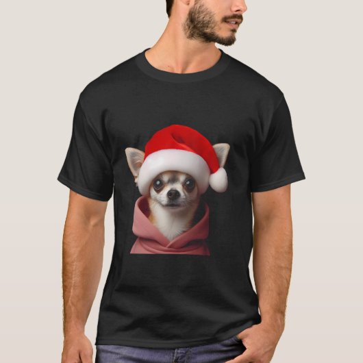 Chihuahua Met Kerstman Hoed Kerstmis Kersthond Eig T-shirt (Voorkant)