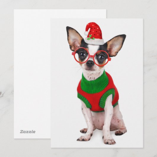 Chihuahua met kerstmuts en een bril feestdagenkaart (Voorkant / Achterkant)