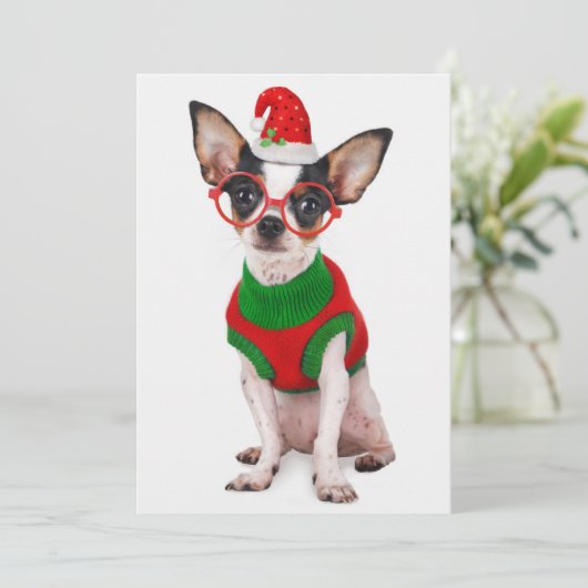 Chihuahua met kerstmuts en een bril feestdagenkaart (Staand voorkant)
