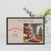 Chihuahua met open haard en kerstboom feestdagenkaart (Staand voorkant)