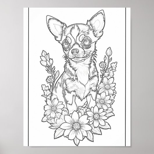 Chihuahua met Zonnebloemen Kleurplaat Poster (Voorkant)