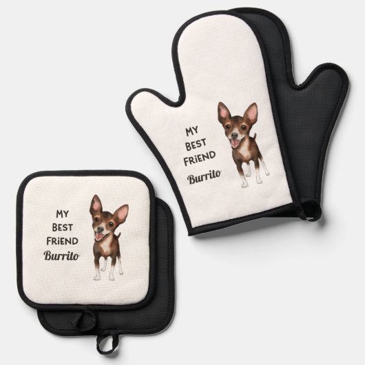 Chihuahua My Best Friend Custom Name Ovenwant & Pannenlap Set (Voorkant / Achterkant)